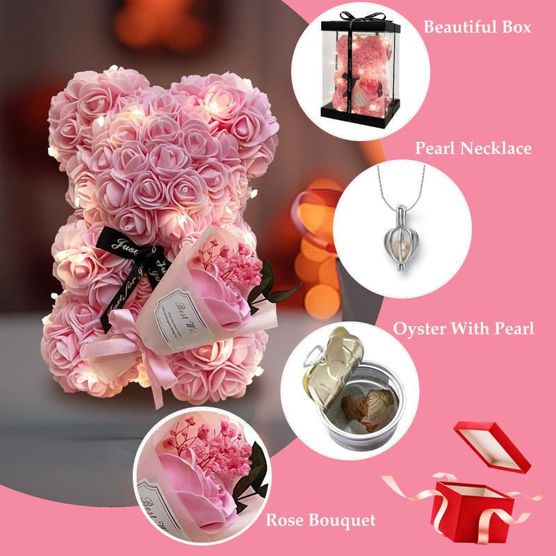 Elegant Artificial Floral Necklace Featuring Rose Teddy Bear and Authentic Pearls - Ideal Gift for Valentine's Day, Birthdays, and Special Occasions