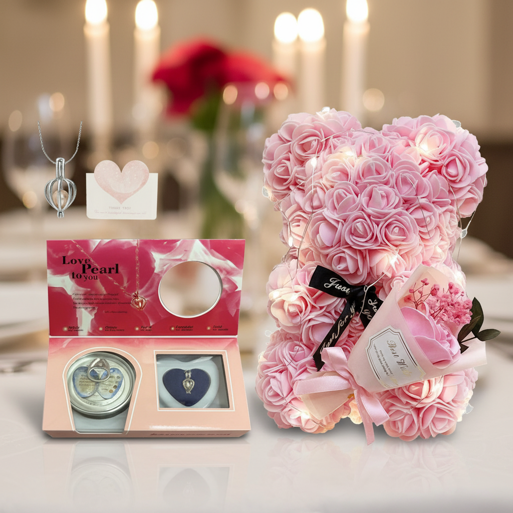 Elegant Artificial Floral Necklace Featuring Rose Teddy Bear and Authentic Pearls - Ideal Gift for Valentine's Day, Birthdays, and Special Occasions