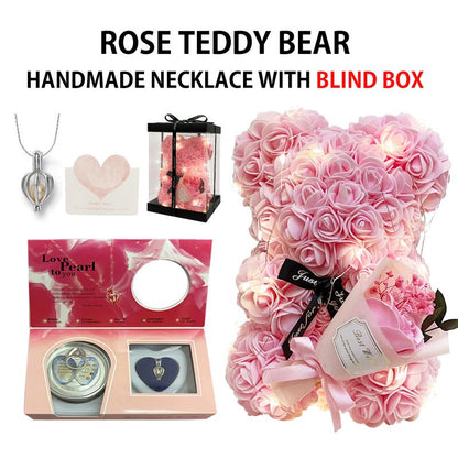 Elegant Artificial Floral Necklace Featuring Rose Teddy Bear and Authentic Pearls - Ideal Gift for Valentine's Day, Birthdays, and Special Occasions