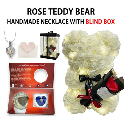 Elegant Artificial Floral Necklace Featuring Rose Teddy Bear and Authentic Pearls - Ideal Gift for Valentine's Day, Birthdays, and Special Occasions
