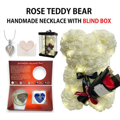 Elegant Artificial Floral Necklace Featuring Rose Teddy Bear and Authentic Pearls - Ideal Gift for Valentine's Day, Birthdays, and Special Occasions